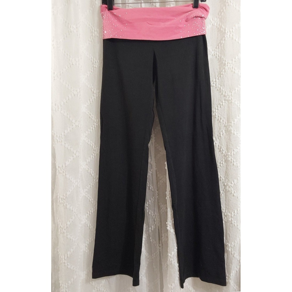 Victorias Secret PINK Yoga Pants Black Pink Rhinestone Foldover Flare Medium